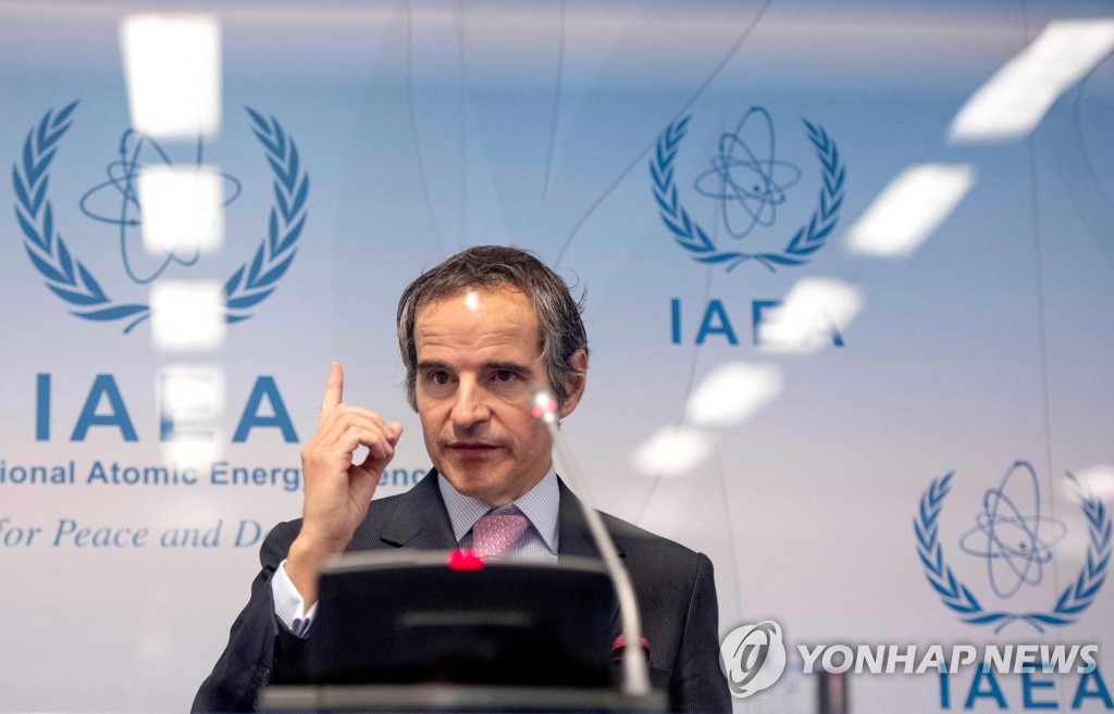 Rafael Grossi, director general of the International Atomic Energy Agency (IAEA), speaks during a press conference at the agency's headquarters in Vienna, Austria, on March 1, 2021, in this photo released by AFP. (Yonhap)
