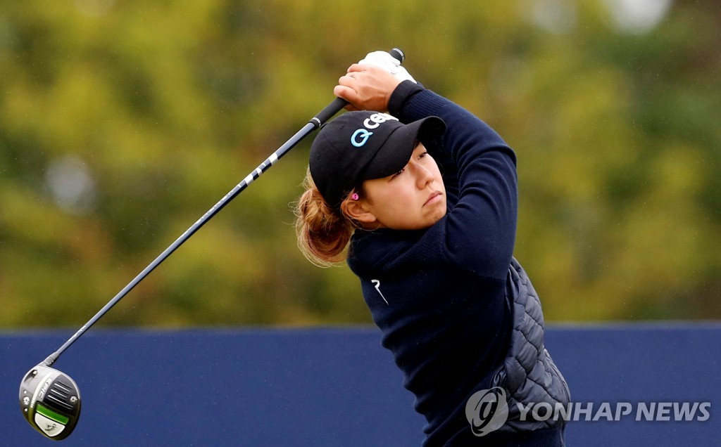 In this Action Images photo via Reuters, Jenny Shin of South Korea hits a shot during the first round of the AIG Women's Open at Carnoustie Golf Links in Carnoustie, Scotland, on Aug. 19, 2021. (Yonhap)
