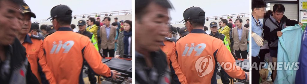 지난 16일 세월호 침몰 사고 현장에서 구조된 승객을 태우고 팽목항에 도착한 구조선에서 내리는 이준석 선장(사진 맨 왼쪽).