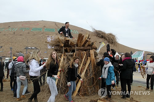 2015 제주들불축제 이틀째를 맞아 제주시 애월읍 새별오름 행사장에서 제주시 국제교류도시인 미국 샌타로사시 공연단이 저녁에 태울 오름 '눌'(가리의 제주어)을 만들고 있다. 2015.3.6
ksb@yna.co.kr