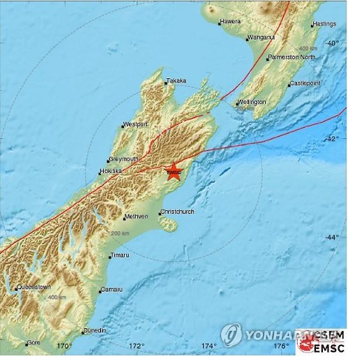 뉴질랜드 남섬, 규모 7.4의 지진 진원지
