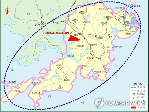 北, 강령 농·수산물 가공단지에 외자유치 시도
(서울=연합뉴스) 북한이 서해 북방한계선(NLL)과 인접한 황해남도 강령군에 농·수산물 가공단지를 조성하기로 하고 해외 투자를 유치하기 위한 구체적인 계획을 공개했다. 북한 대외선전용 사이트인 '내나라'에 게재된 것으로 5일 확인된 '강령 국제녹색시범지대 개발 총계획안' 관련 지도. 2017.1.5 << 국내에서만 사용가능. 재배포 금지. For Use Only in the Republic of Korea. No Redistribution >>
nkphoto@yna.co.kr