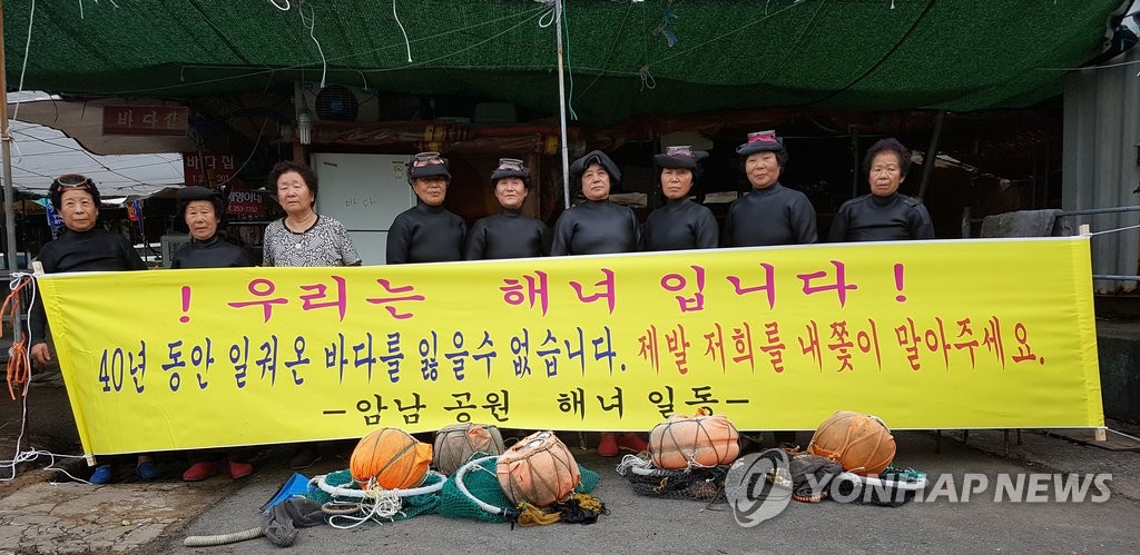 구청 행정대집행 조치에 항의하는 해녀들