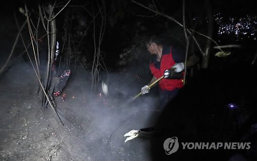 야밤 산에 올라 진화작업 구슬땀