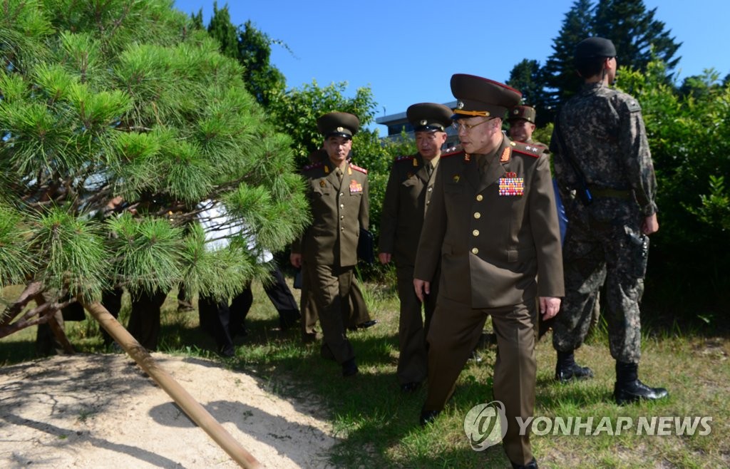남북정상회담 기념 소나무 살펴보는 북한 안익산