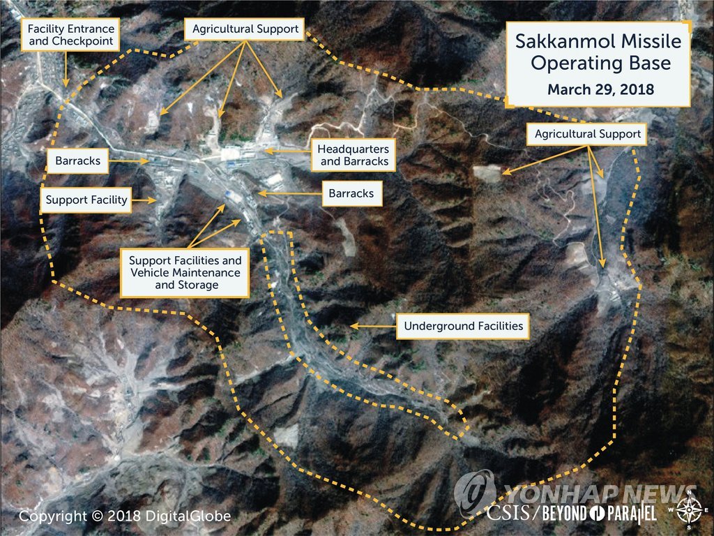 A satellite photo, taken by DigitalGlobe on March 28, 2018, and provided by Reuters, shows the Sakkanmol missile operation base in North Korea. (Yonhap)