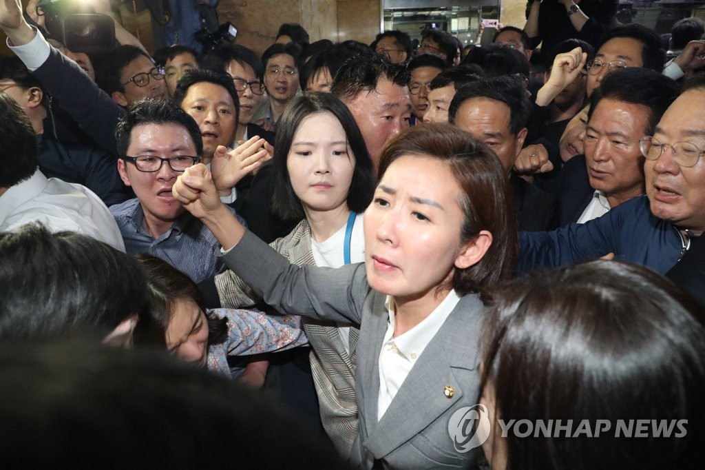 구호 외치는 나경원과 한국당 의원들