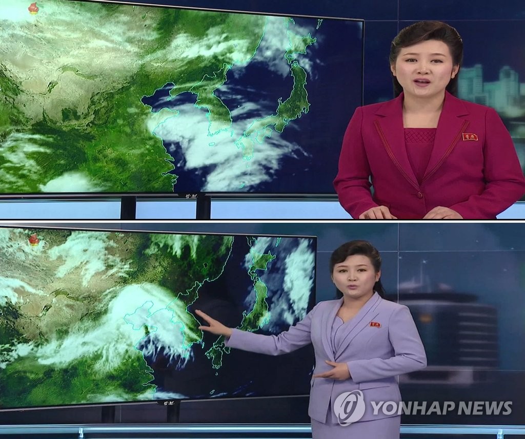This composite picture, filed on April 29, 2019, shows a change in the weather forecast by North Korea's state television station, Korea Central TV. The weathercaster is standing and uses a soft hand gesture in the photo at bottom, a contrast to the previous version pictured at top in which she appeared seated in a more traditional way. (Yonhap) (For Use Only in the Republic of Korea. No Redistribution)