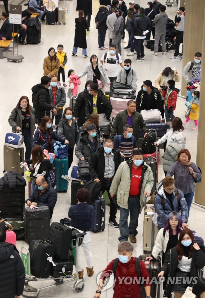 마스크 쓴 외국인 단체관광객