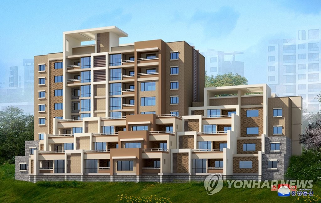 This photo, released by the Korean Central News Agency, shows a rendering of a residential district for terraced apartments to be built on the banks of the Pothong River in Pyongyang. North Korean leader Kim Jong-un inspected the construction site for the second time on March 31, 2021, following an inspection about a week ago, according to the news wire. (For Use Only in the Republic of Korea. No Redistribution) (Yonhap)