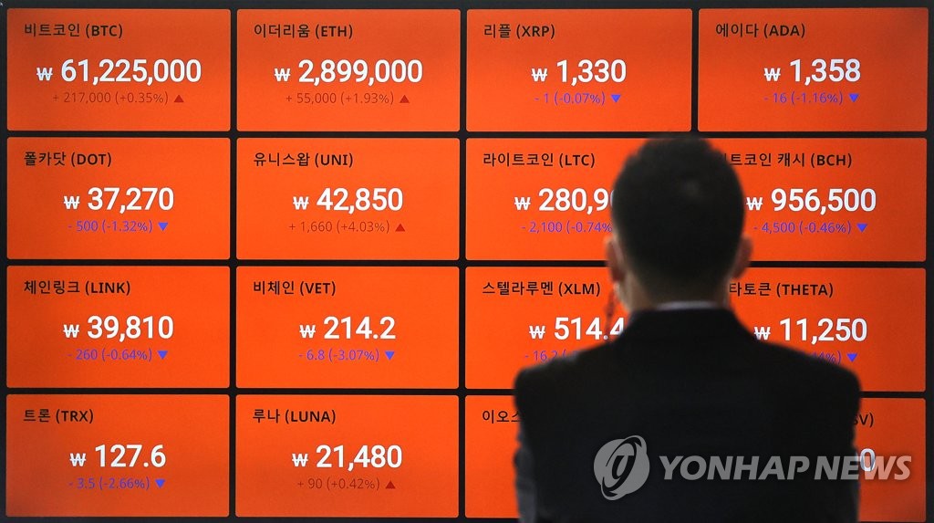 This April 26, 2021, photo shows an electronic signboard at the cryptocurrency exchange Bithumb in Seoul. (Yonhap)