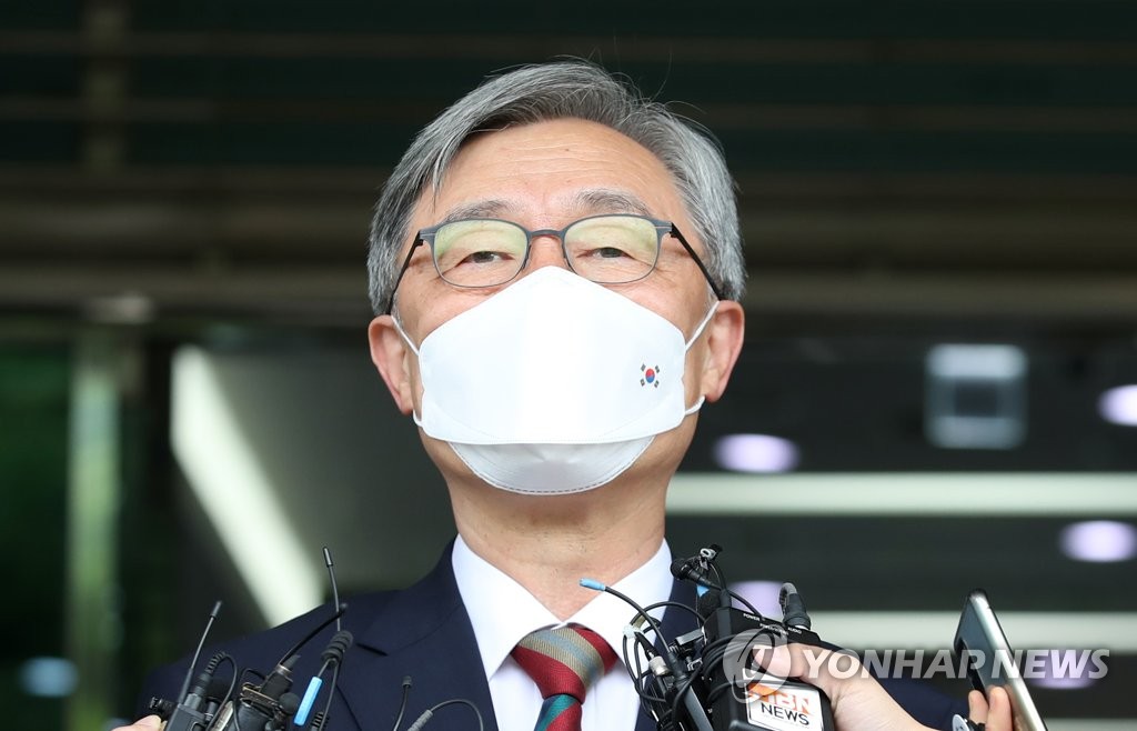 Choe Jae-hyeong, chairman of the Board of Audit and Inspection (BAI), speaks to reporters in front of the BAI headquarters in Seoul on June 28, 2021. (Yonhap)