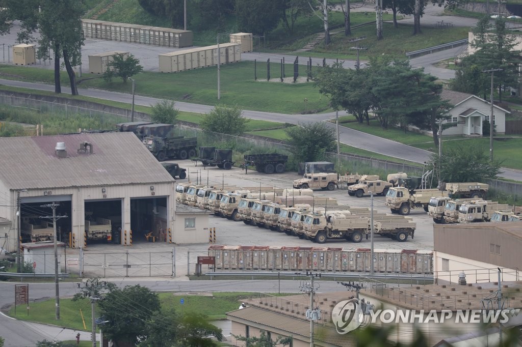 In this file photo taken Aug. 3, 2021, military vehicles are parked at U.S. Army base Camp Humphreys in Pyeongtaek, 70 kilometers south of Seoul. (Yonhap)