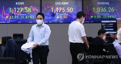 코스피 하락 마감, 원/달러 환율 급등폭 줄이며 마감