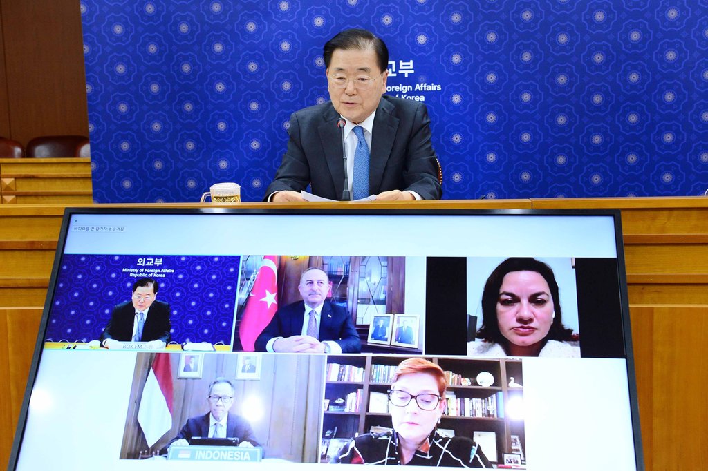 South Korean Foreign Minister Chung Eui-yong takes part in the 20th MIKTA Foreign Ministers' Meeting held via video links on March 7, 2022, in this photo provided by his ministry. (PHOTO NOT FOR SALE) (Yonhap) 