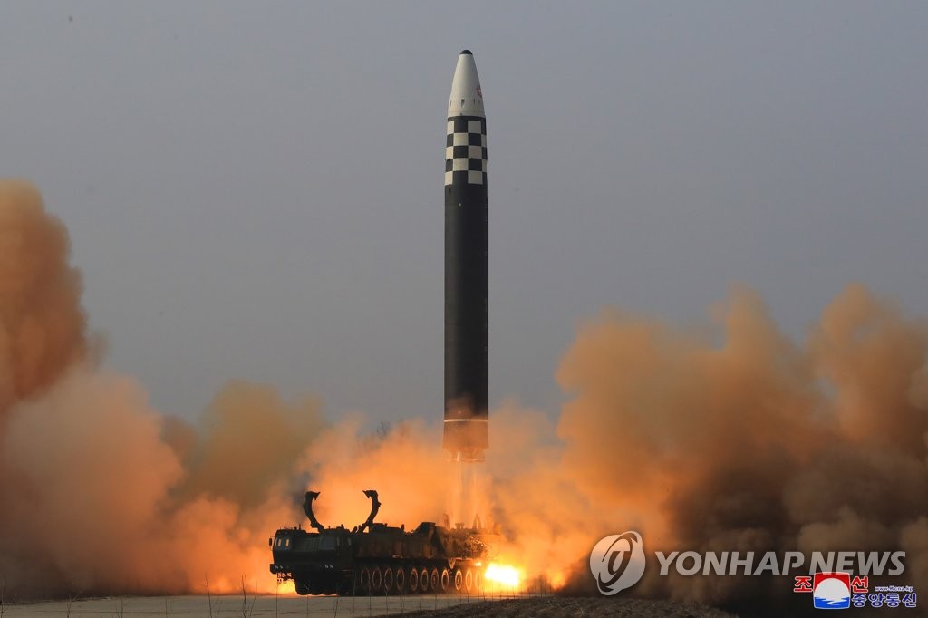 A Hwasong-17 intercontinental ballistic missile (ICBM) is launched from Pyongyang International Airport on March 24, 2022, in this photo released by North Korea's official Korean Central News Agency. (For Use Only in the Republic of Korea. No Redistribution) (Yonhap)