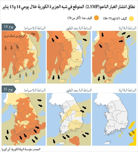 نطاق انتشار الغبار الناعم(PM2.5) المتوقع في شبه الجزيرة الكورية خلال يومي 14 و15 يناير