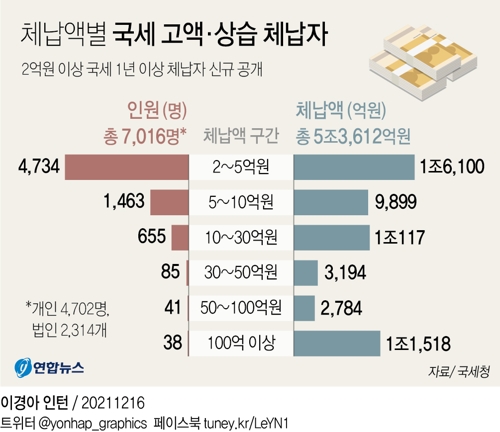 [그래픽] 체납액별 국세 고액·상습 체납자