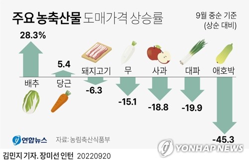 [그래픽] 주요 농축산물 도매가격 상승률