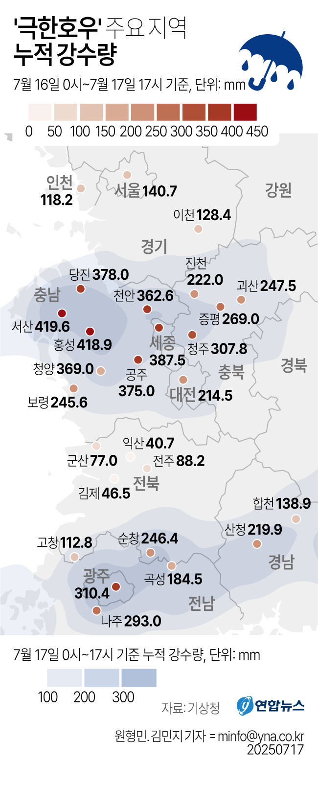 [그래픽] '극한호우' 주요 지역 누적 강수량(종합)