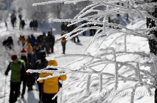 In this file photo, people climb up Mount Taebaek to enjoy the snow-covered landscape. (Yonhap)