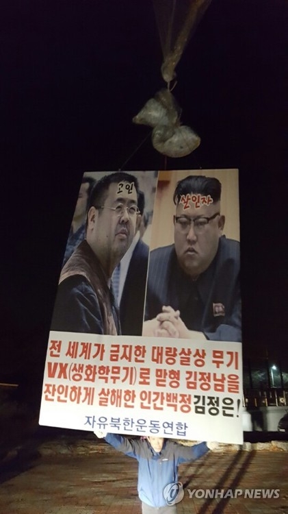 Photos of North Korean leader Kim Jong-un (R) and his half brother Kim Jong-nam are titled "murderer" and "dead person," respectively. The photos were attached to giant balloons flown to the North on April 15, 2017. (Courtesy of the The Fighters for Free North Korea)