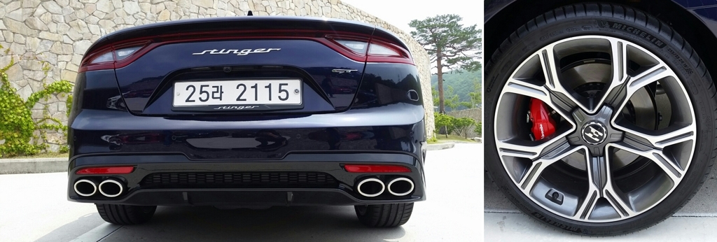 These photos, taken on June 8, 2017, show the rear image of the Kia Stinger sports car (L) and one of its 19-inch high-performance Michelin tire. (Yonhap)