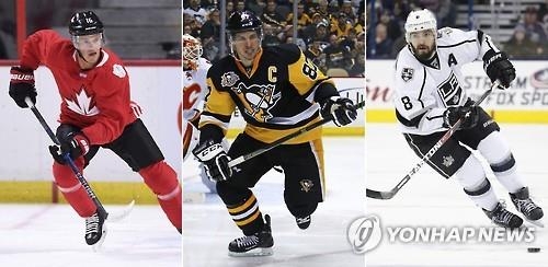 In these Associated Press file photos, Canadian National Hockey League players (from L to R) Jonathan Toews, Sidney Crosby and Drew Doughty skate during practice and NHL games. The NHL released a regular season schedule for the 2017-2017 season without any break to accommodate the 2018 Winter Olympics in PyeongChang, South Korea. (Yonhap)