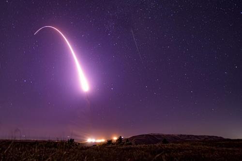 This photo, courtesy of the U.S. Air Force, shows an unarmed Minuteman III intercontinental ballistic missile being launched from Vandenberg Air Force Base, California, on Oct. 2, 2019. (Yonhap)