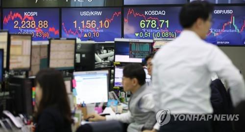 An electronic signboard at KEB Hana Bank in Seoul shows the benchmark Korea Composite Stock Price Index (KOSPI) up 0.43 percent to close at 2,238.88 points on Jan. 14, 2020. (Yonhap)