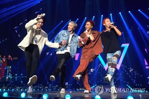 A photo of WINNER during the band's latest world tour, "WINNER Cross Tour," provided by YG Entertainment (PHOTO NOT FOR SALE) (Yonhap)