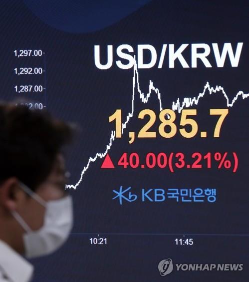A currency dealer walks past an electronic signboard in the dealing room of KB Kookmin Bank in Seoul on March 19, 2020. The Korean won closed at 1,285.7 won to the U.S. dollar, the lowest in over a decade. (Yonhap)