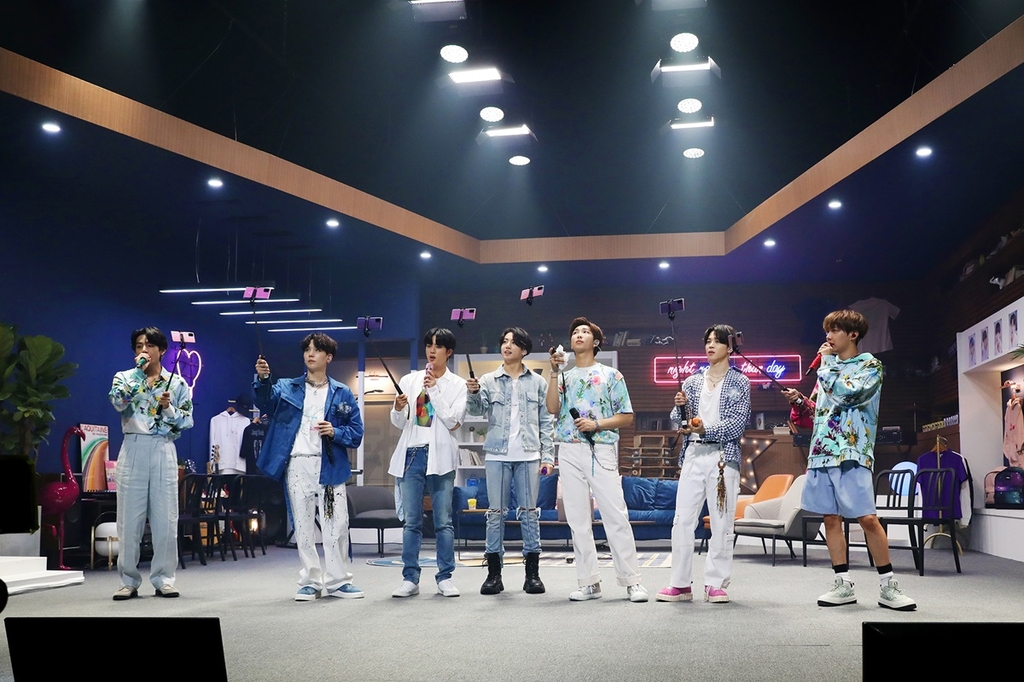 This photo, provided by Big Hit Entertainment, shows a highlight from K-pop band BTS' online concert "Bang Bang Con: The Live," held on June 14, 2020. The event drew around 756,000 viewers across the globe, according to the company. (PHOTO NOT FOR SALE) (Yonhap)