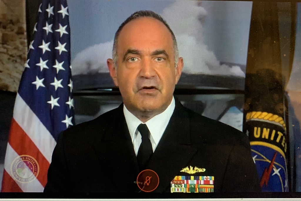This screenshot shows Navy Adm. Charles A. Richard, commander of U.S. Strategic Command, speaking during the virtual 2020 Space and Missile Defense Symposium on Aug. 4, 2020. (Yonhap)