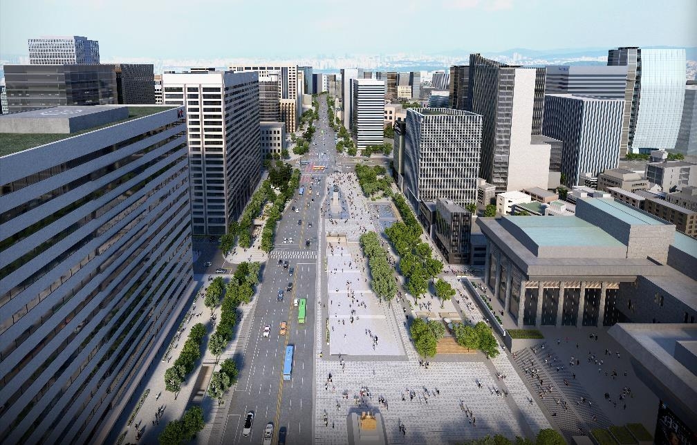 This photo, provided by the Seoul metropolitan government on Sept. 27, 2020, shows a bird's-eye view of the envisioned new Gwanghwamun Square. (PHOTO NOT FOR SALE)(Yonhap)
