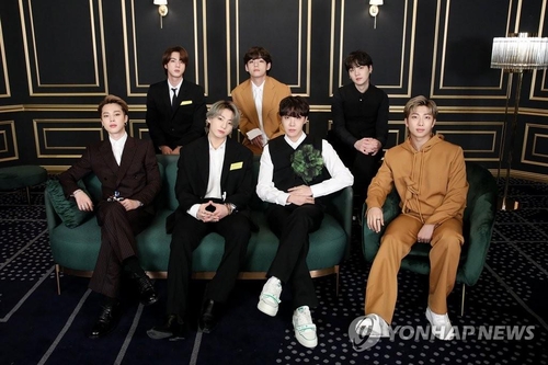 This photo, provided by Big Hit Music, shows K-pop megastar BTS taking part in the 63rd Grammy Awards online amid the coronavirus pandemic on March 15, 2021. (PHOTO NOT FOR SALE) (Yonhap)