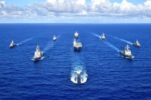 This photo from the website of the United States Seventh Fleet shows the naval forces of South Korea, the United States, Japan and Australia engaged in a joint maritime exercise in Pacific waters near Guam, which ran from Sept. 11-13, 2020. (PHOTO NOT FOR SALE) (Yonhap)