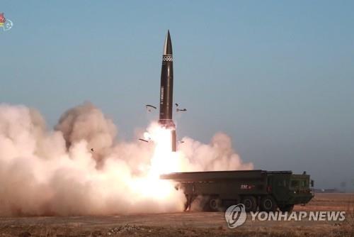 A new type of tactical guided missile is launched from the North Korean town of Hamju, South Hamgyong Province, on March 25, 2021, in this file photo released by the North's official Korean Central News Agency. (For Use Only in the Republic of Korea. No Redistribution) (Yonhap)