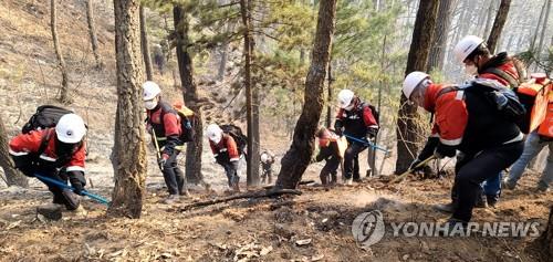 Firefighters put out smoldering fires on a mountain in Donghae, eastern South Korea, on March 7, 2022. (Yonhap)