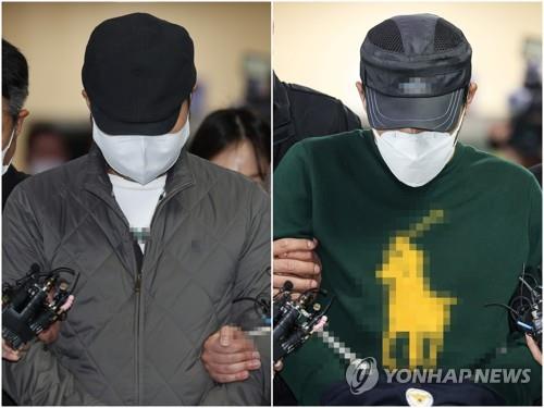 This composite photo shows a Woori Bank employee (L) and his brother, suspected of embezzling company funds, coming out of Namdaemun Police Station in central Seoul to be sent to the Seoul Central District Prosecutors Office on May 6, 2022. (Yonhap)