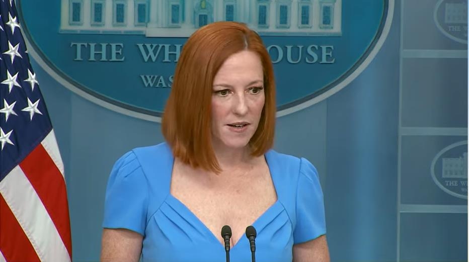 White House Press Secretary Jen Psaki is seen answering questions in a daily press briefing at the White House in Washington in this image captured from the White House website. (Yonhap)