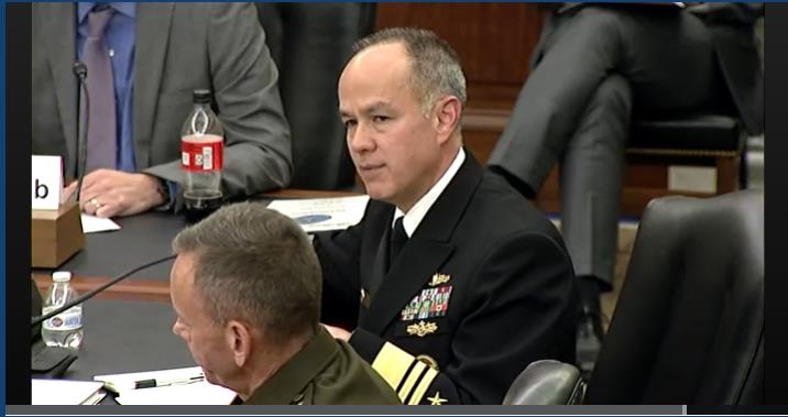 Vice Adm. Jon Hill (C), director of the U.S. Missile Defense Agency, testifies before the Senate Subcommittee on Strategic Forces in Washington on May 18, 2022, in this image captured from the website of the Senate armed services committee. (PHOTO NOT FOR SALE) (Yonhap)