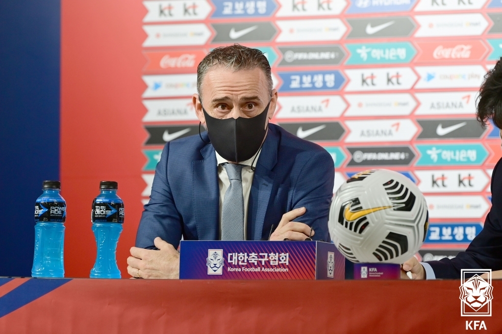 Paulo Bento, head coach of the South Korean men's national football team, speaks at a press conference at the Korea Football Association (KFA) House in Seoul on May 23, 2022, in this photo provided by the KFA. (PHOTO NOT FOR SALE) (Yonhap)