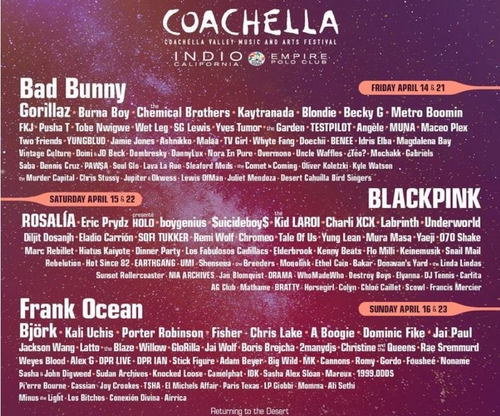 The 2023 lineup for Coachella Valley Music and Arts Festival is seen in this image captured from its homepage. (PHOTO NOT FOR SALE) (Yonhap) 