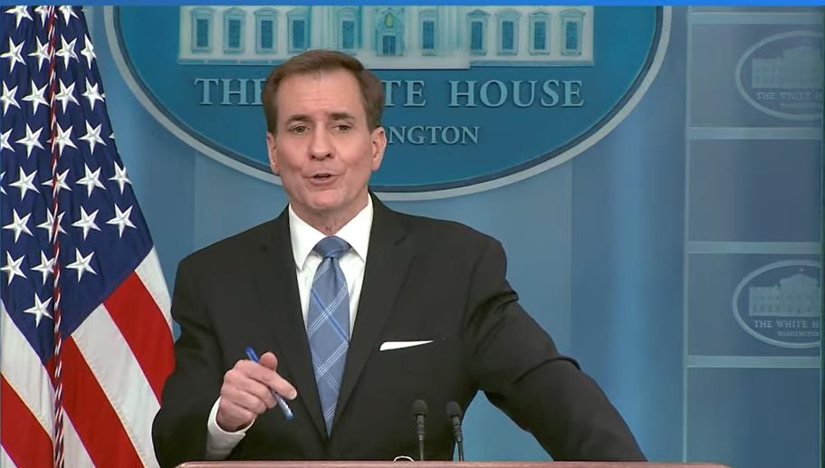 John Kirby, National Security Council coordinator for strategic communications, is seen speaking during a press briefing at the White House in Washington on April 6, 2023 in this captured image. (Yonhap)