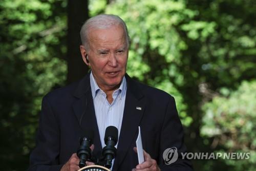 This photo, taken on Aug. 18, 2023, shows President Joe Biden speaking during a joint press conference with his South Korean and Japanese counterparts, Yoon Suk Yeol and Fumio Kishida, at Camp David. (Yonhap)