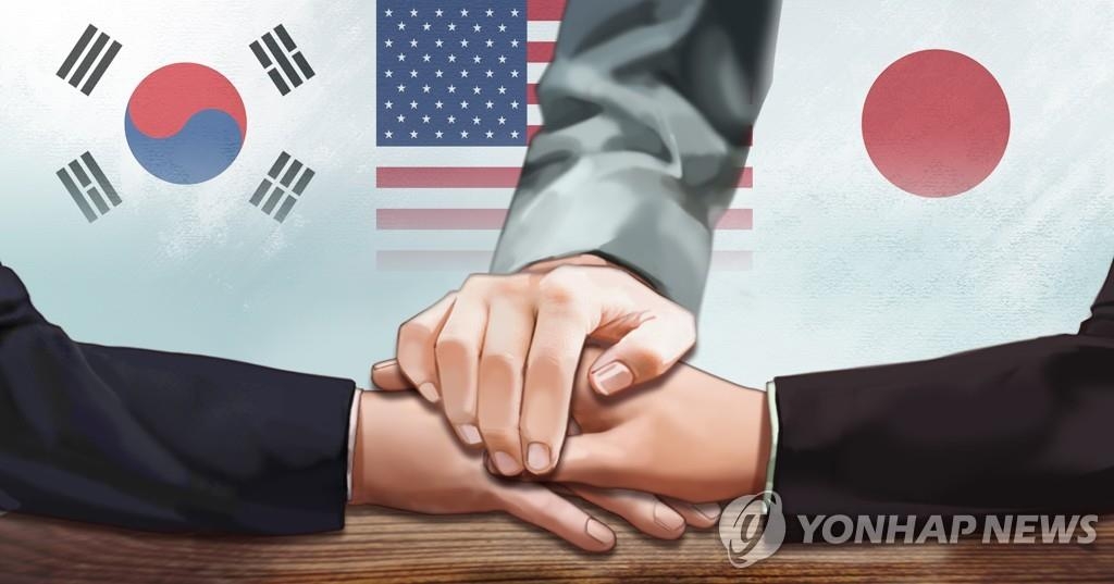 En esta fotografía de archivo proporcionada por Yonhap News TV se muestra una imagen que representa la cooperación tripartita entre Corea del Sur, Estados Unidos y Japón.  (Yonhap)