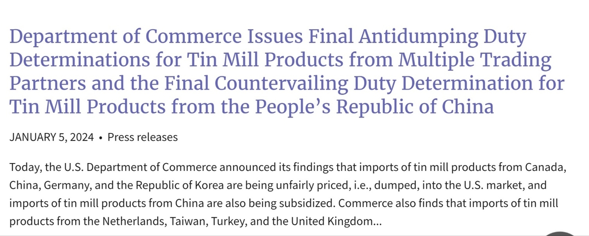 Esta imagen, tomada del sitio web del Departamento de Comercio, muestra un comunicado de prensa sobre sus determinaciones finales de derechos antidumping relacionadas con las importaciones de estaño.  (FOTO NO EN VENTA) (Yonhap)