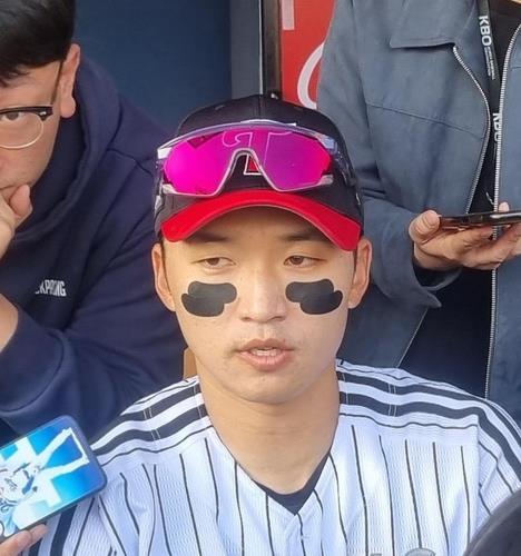 LG Twins outfielder Park Hae-min speaks with reporters after beating the Hanwha Eagles 8-2 on Opening Day for the Korea Baseball Organization at Jamsil Baseball Stadium in Seoul on March 23, 2024. (Yonhap)
