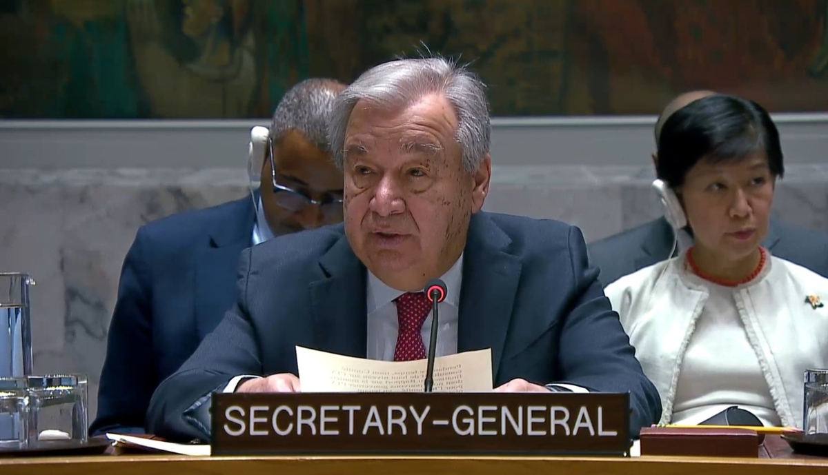 El secretario general de la ONU, Antonio Guterres, habla durante una reunión del Consejo de Seguridad de la ONU sobre ciberseguridad en la sede de la ONU en Nueva York el 20 de junio de 2024 en esta fotografía capturada de ONU Web TV.  (FOTO NO EN VENTA) (Yonhap)